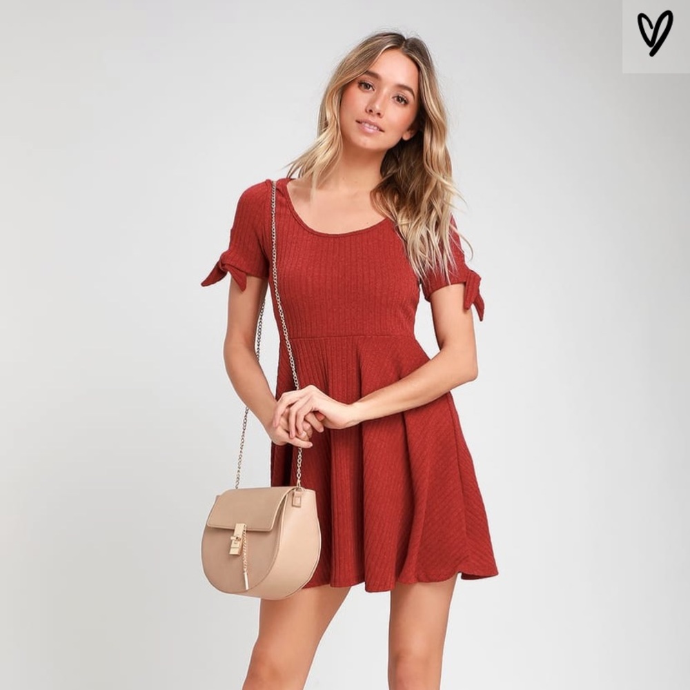 TOO CUTE DARK RED KNIT TIE-SLEEVE SKATER DRESS